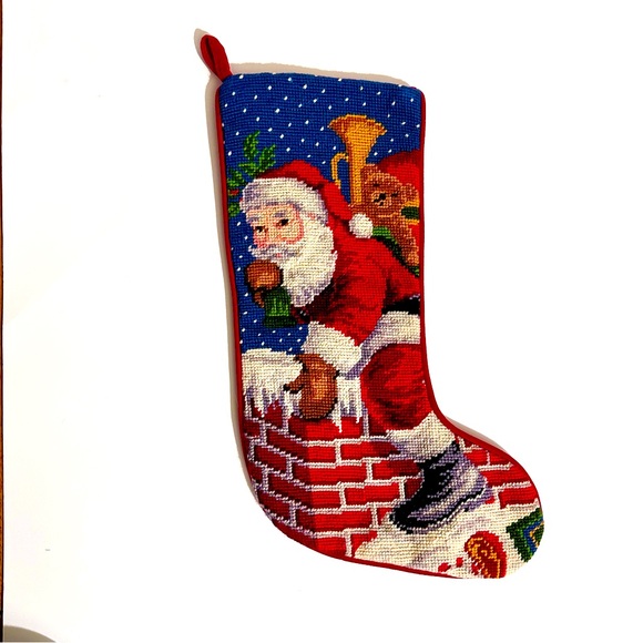 Vintage 1991 Needlepoint Christmas Santa Stocking - Picture 1 of 4